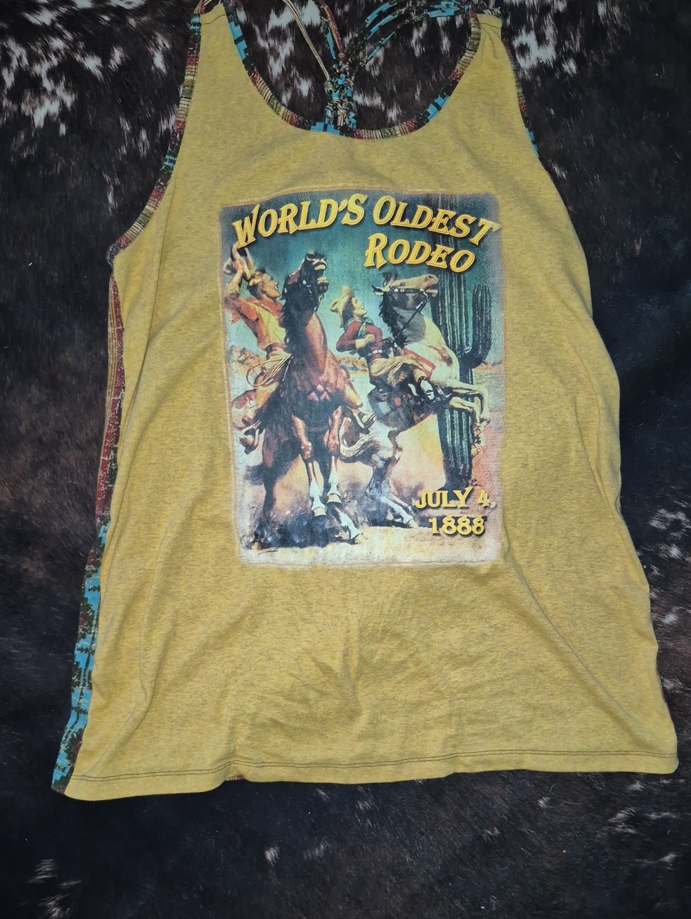 Cowgirl Tuff Yellow Rodeo Poster Tank with Multicolor Trim
